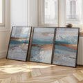 Ocean blue and copper abstract textured triptych wall art with coastal wave design