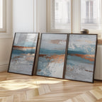 Ocean blue and copper abstract textured triptych wall art with coastal wave design