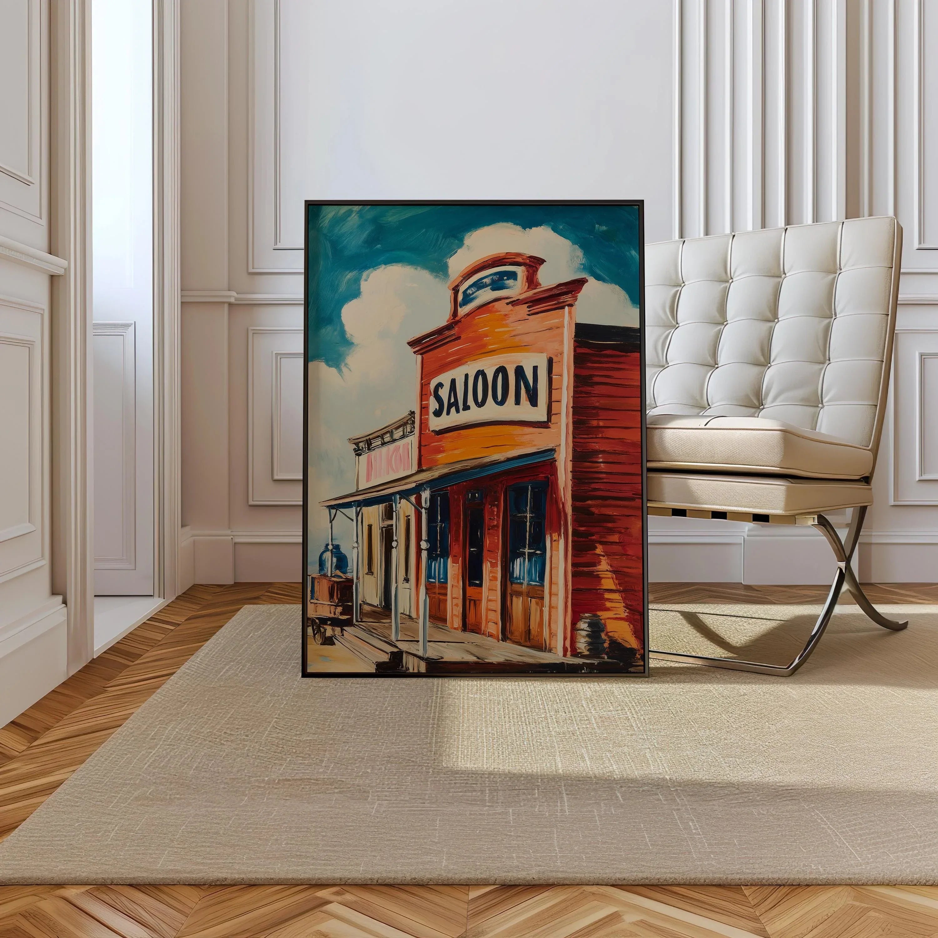 Old West saloon vintage western town wall art with warm sepia cowboy bar scene