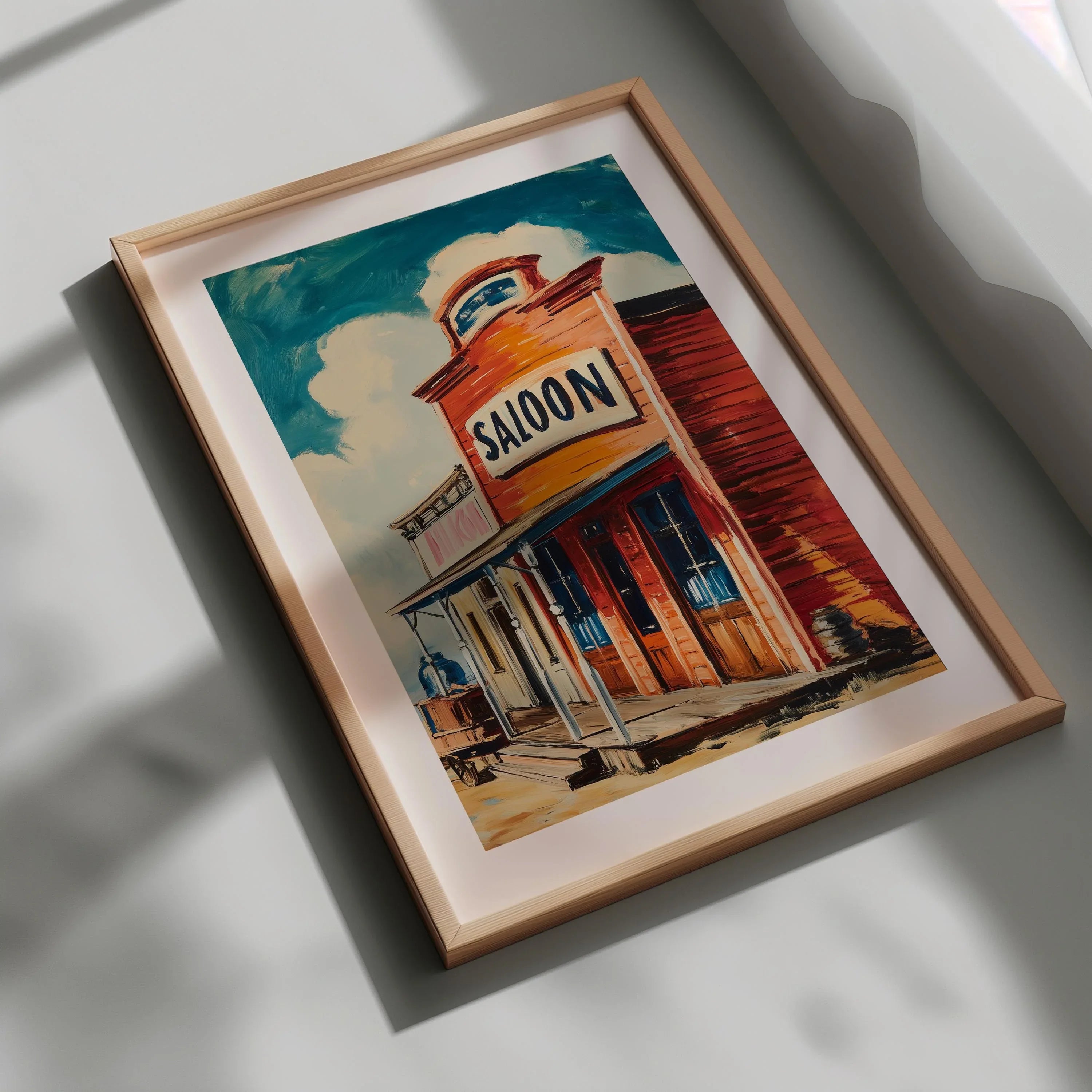 Old West saloon vintage western town wall art with warm sepia cowboy bar scene