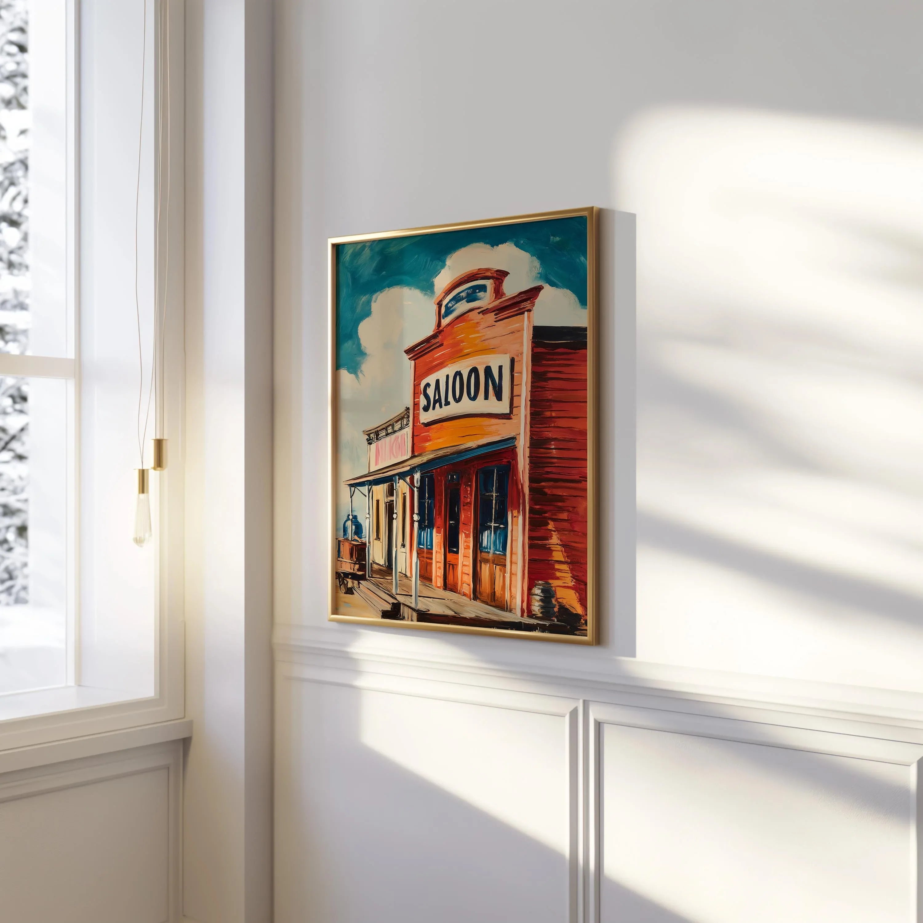 Old West saloon vintage western town wall art with warm sepia cowboy bar scene