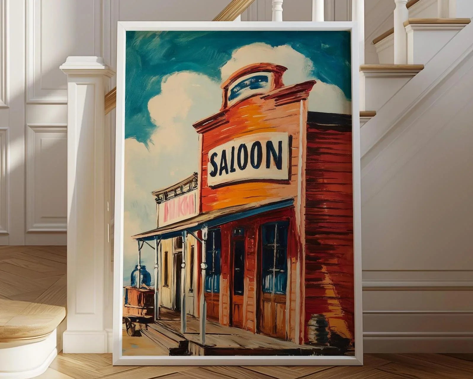 Old West saloon vintage western town wall art with warm sepia cowboy bar scene