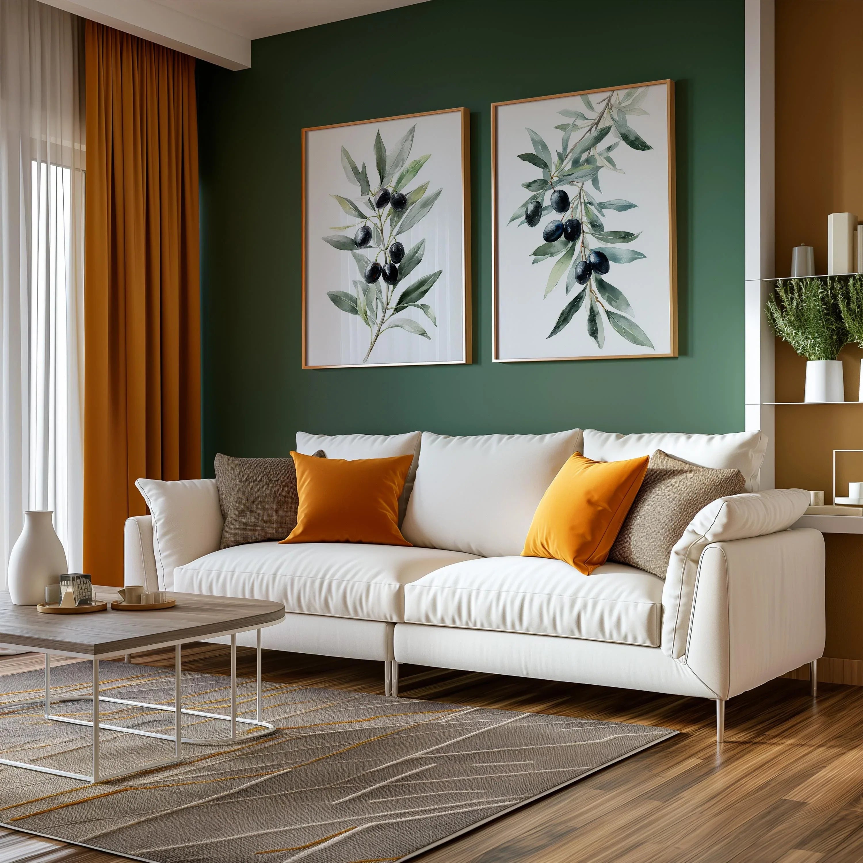 Olive branch botanical wall art set of 2 with green leaves and black olives on white background