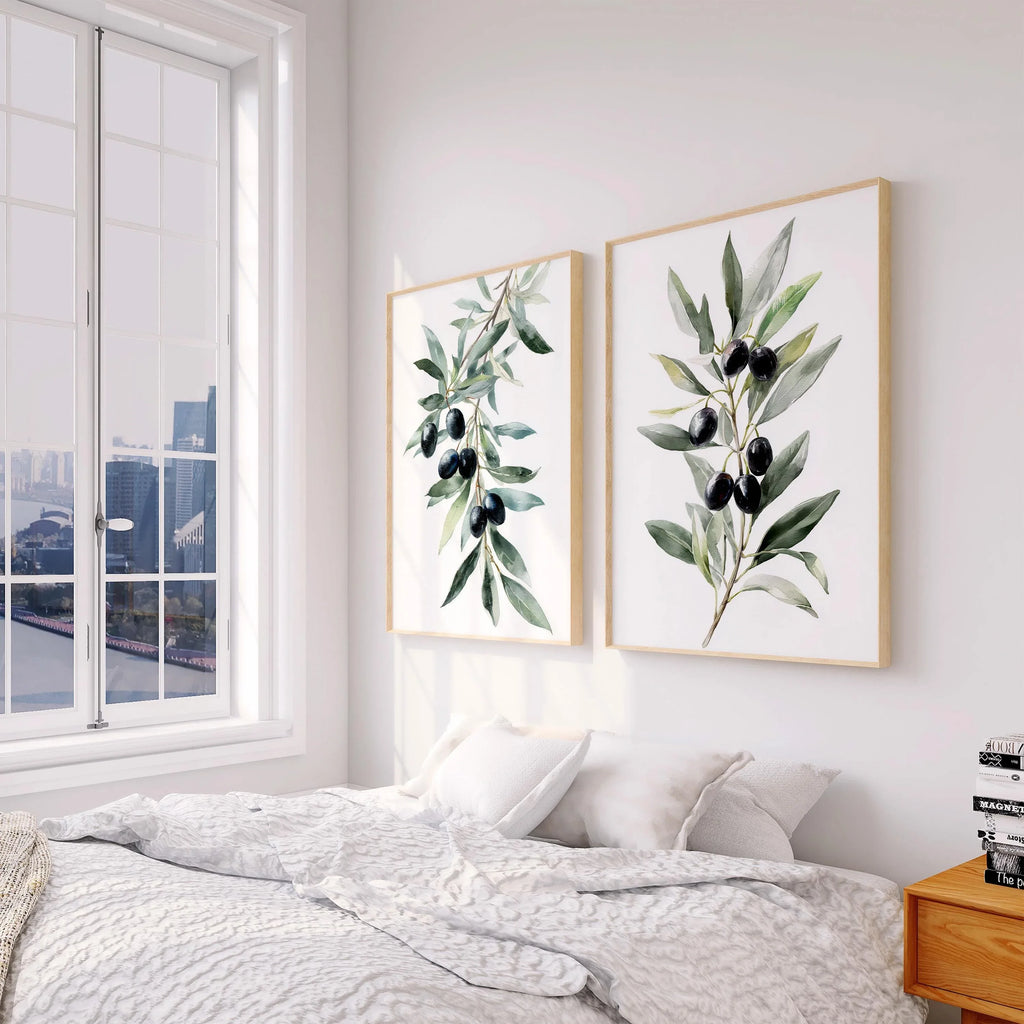Olive branch botanical wall art set of 2 with green leaves and black olives on white background