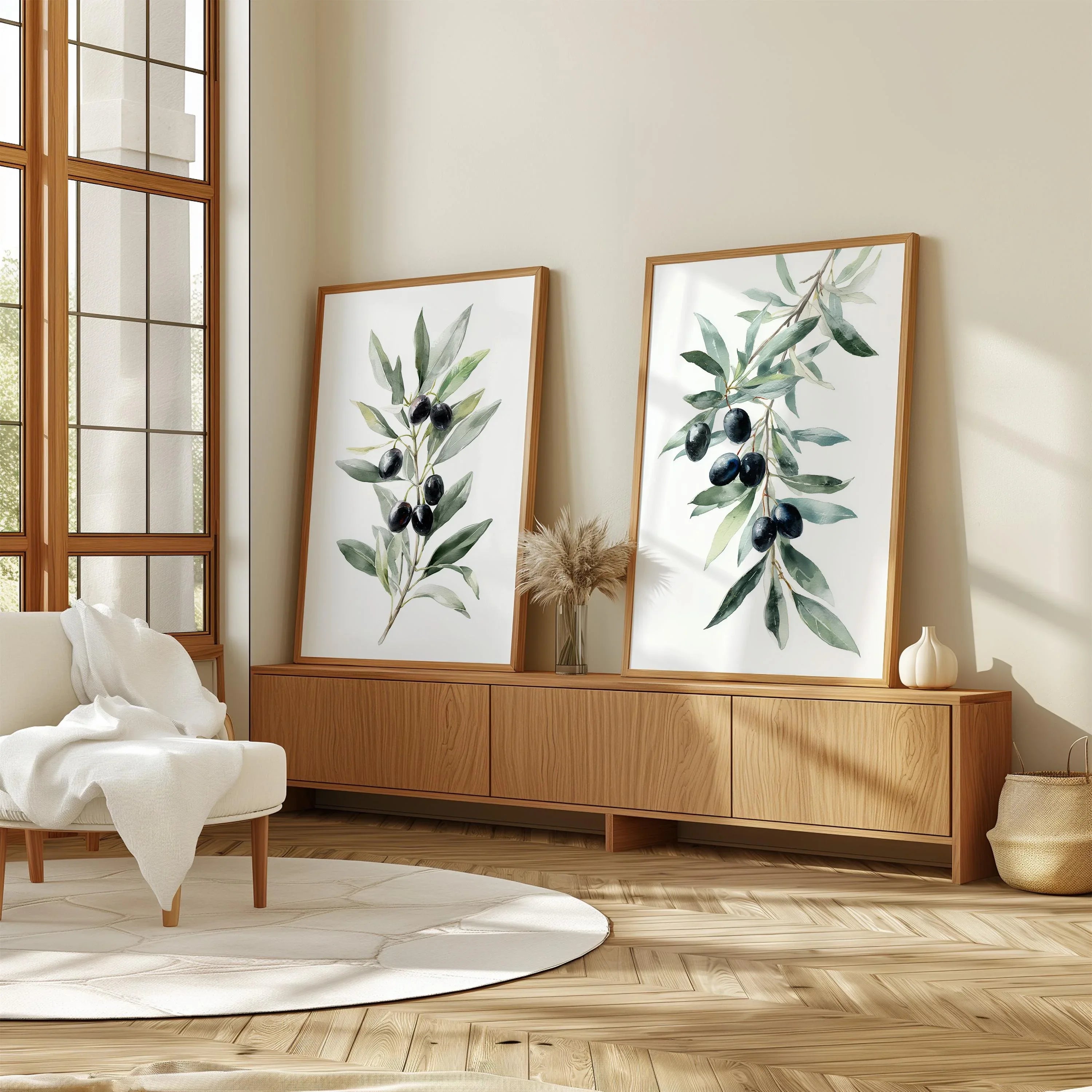 Olive branch botanical wall art set of 2 with green leaves and black olives on white background