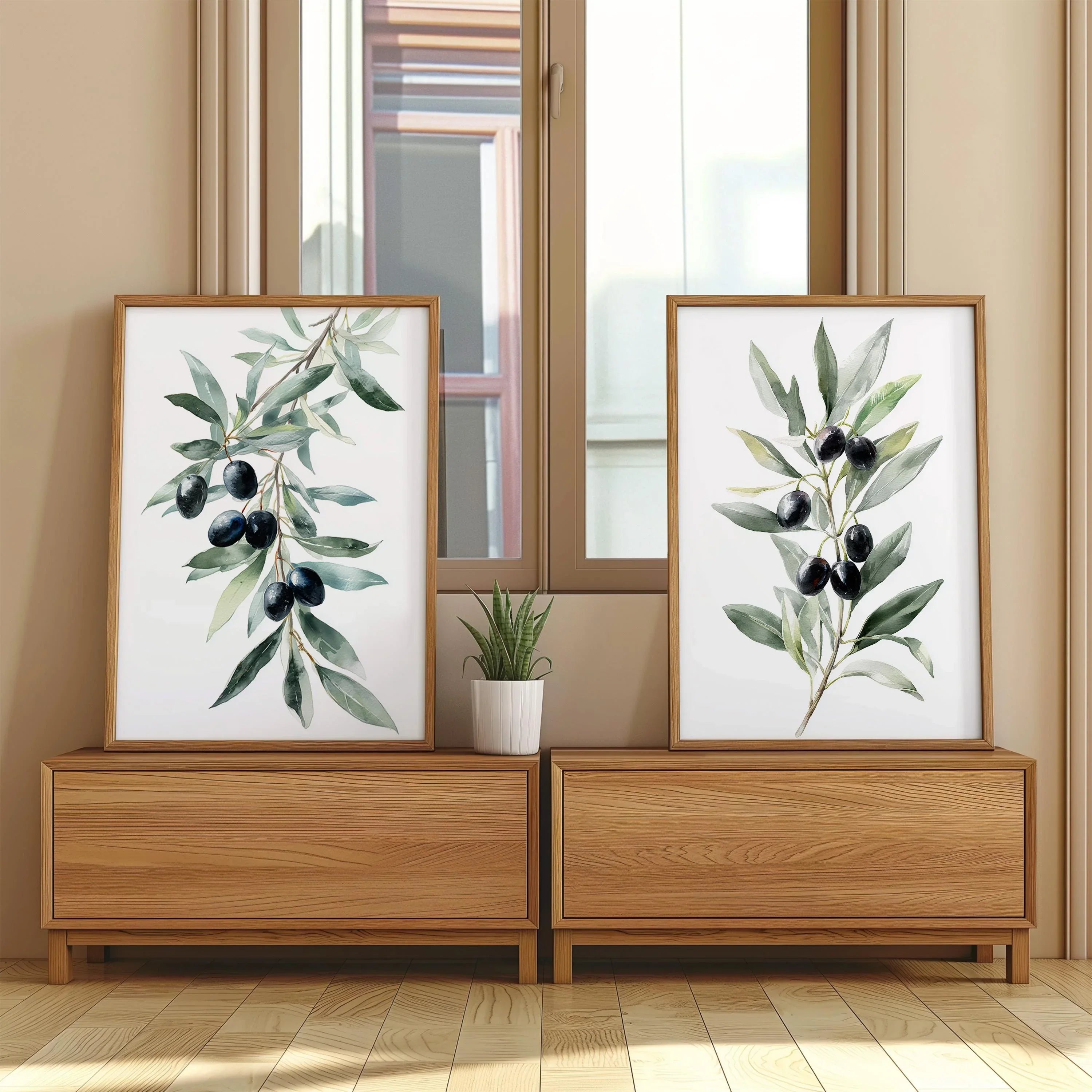 Olive branch botanical wall art set of 2 with green leaves and black olives on white background