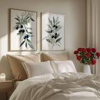 Olive branch botanical wall art set of 2 with green leaves and black olives on white background