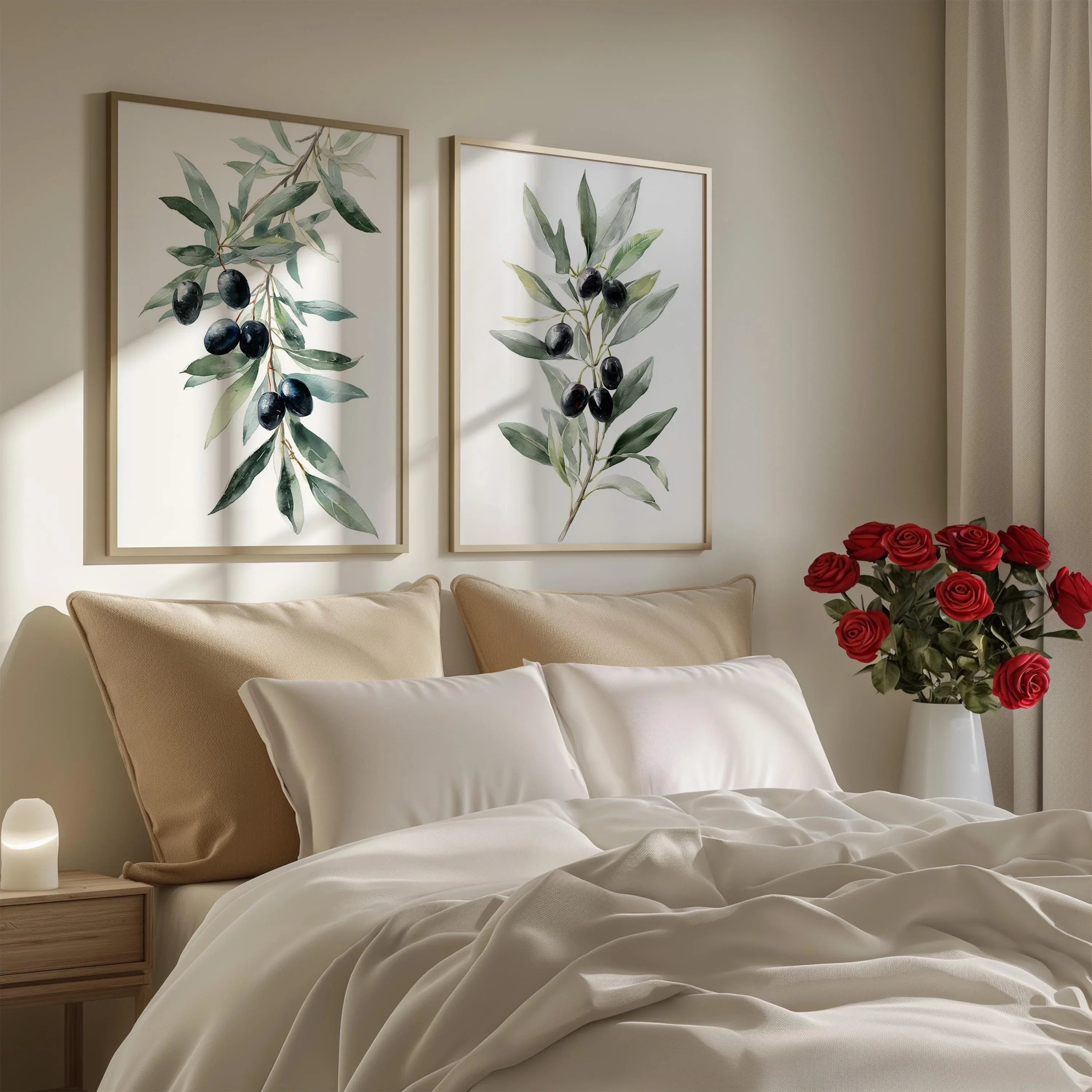 Olive branch botanical wall art set of 2 with green leaves and black olives on white background