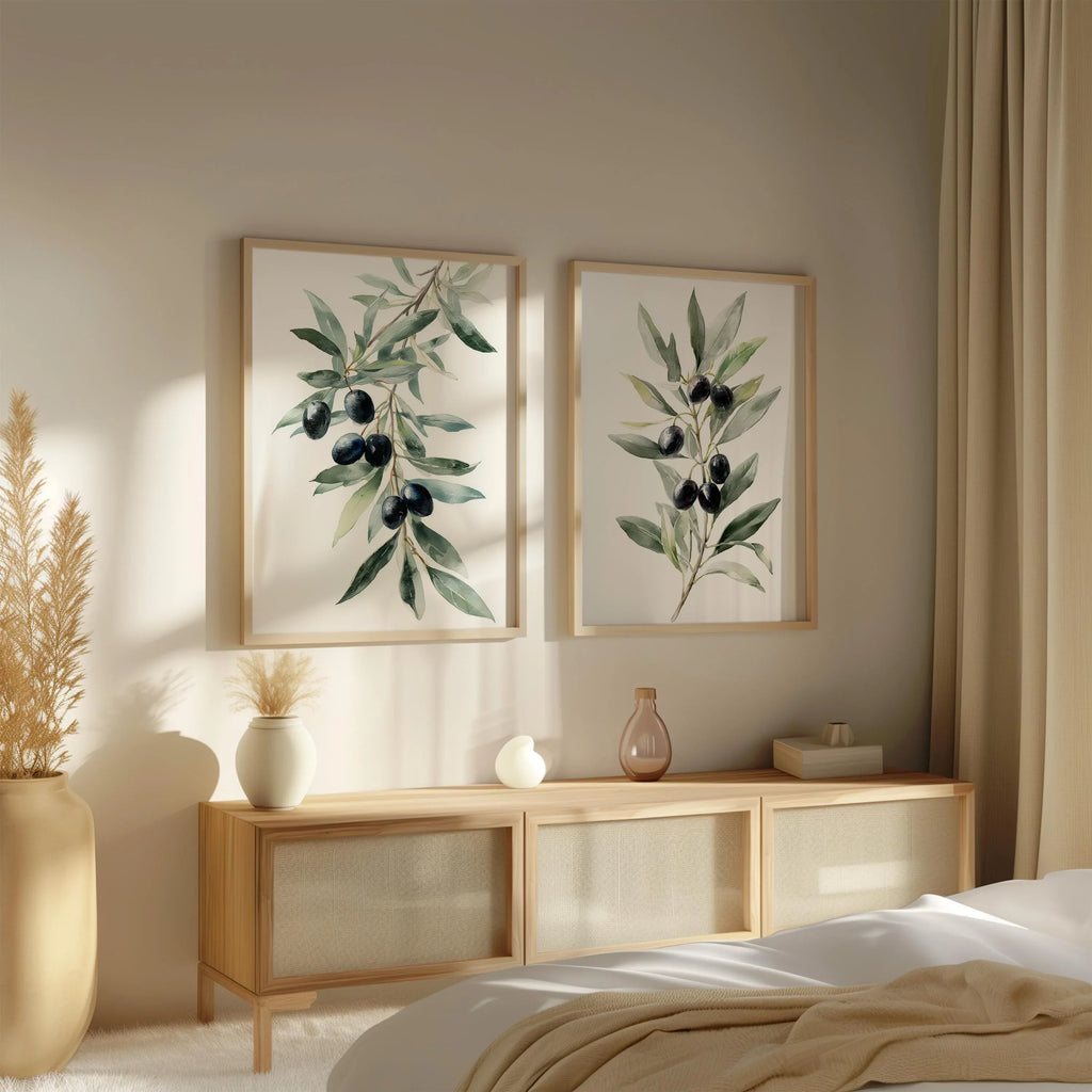 Olive branch botanical wall art set of 2 with green leaves and black olives on white background