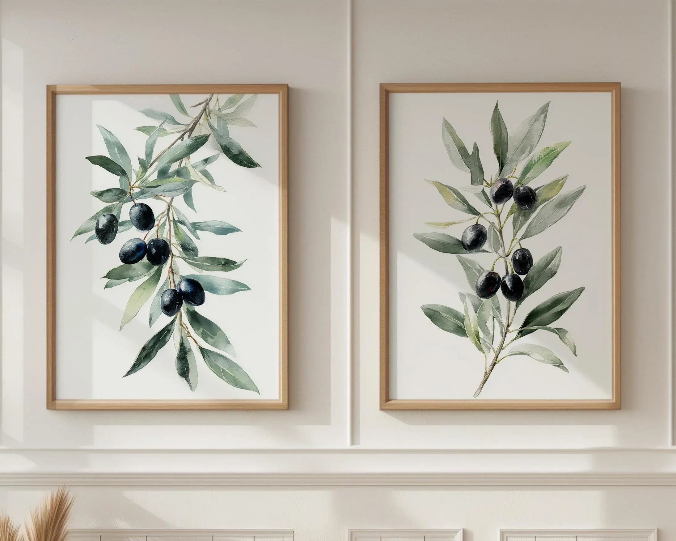 Olive branch botanical wall art set of 2 with green leaves and black olives on white background