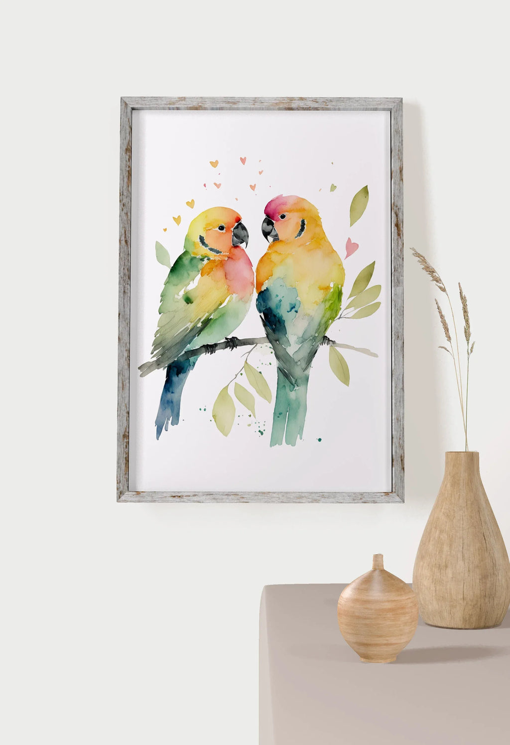 Parrot lovebirds watercolor handpainted wall art with vibrant green and yellow tropical birds