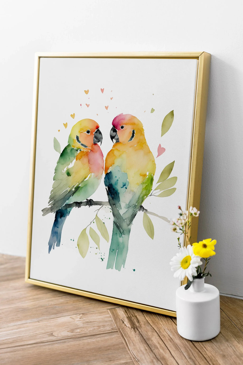 Parrot lovebirds watercolor handpainted wall art with vibrant green and yellow tropical birds
