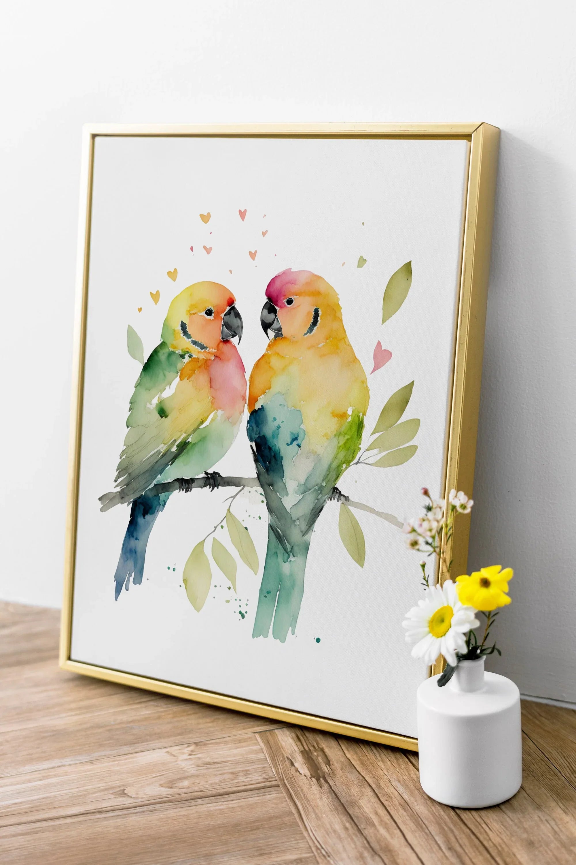 Parrot lovebirds watercolor handpainted wall art with vibrant green and yellow tropical birds