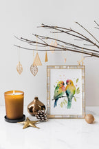 Parrot lovebirds watercolor handpainted wall art with vibrant green and yellow tropical birds