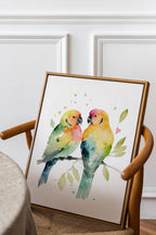 Parrot lovebirds watercolor handpainted wall art with vibrant green and yellow tropical birds