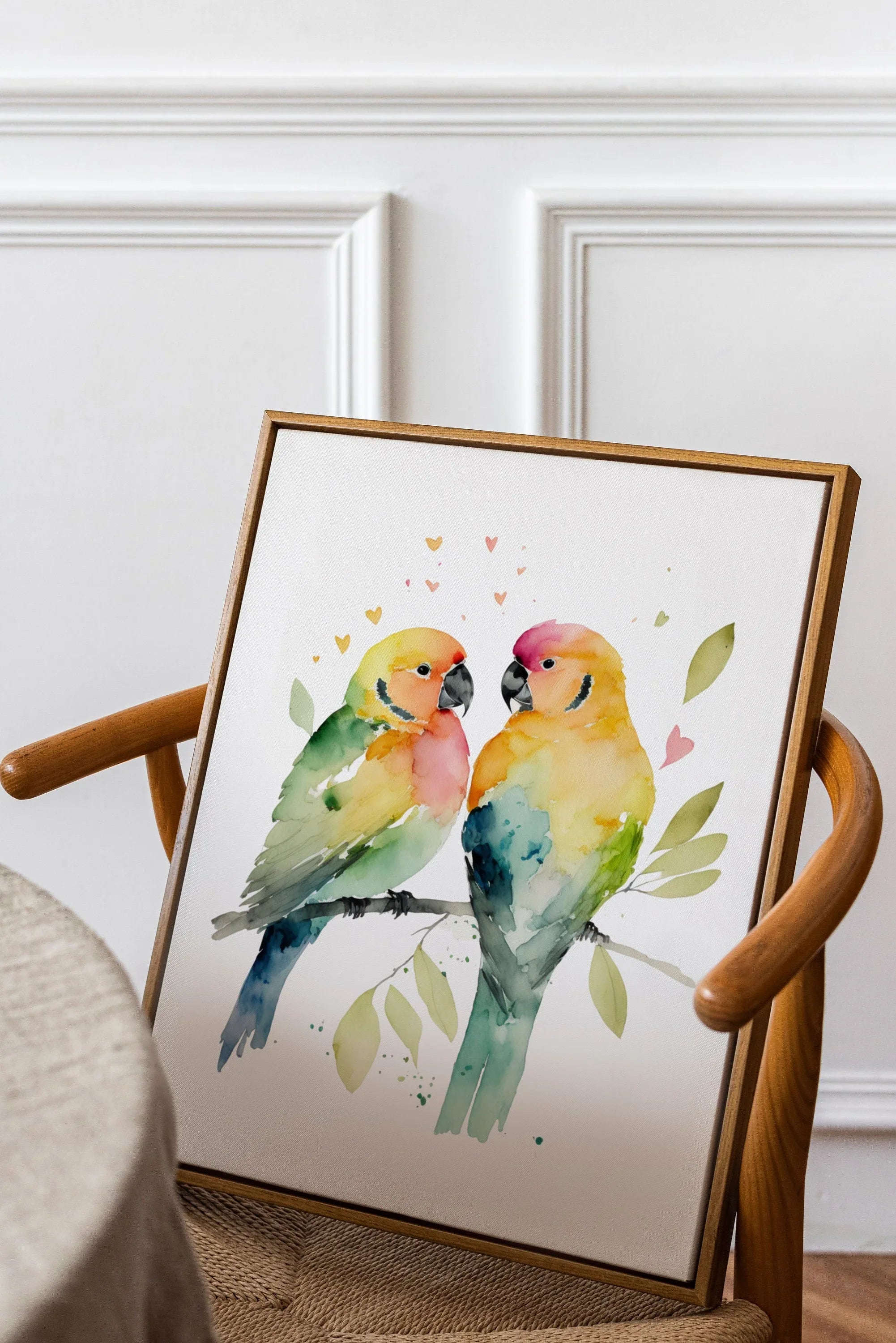 Parrot lovebirds watercolor handpainted wall art with vibrant green and yellow tropical birds