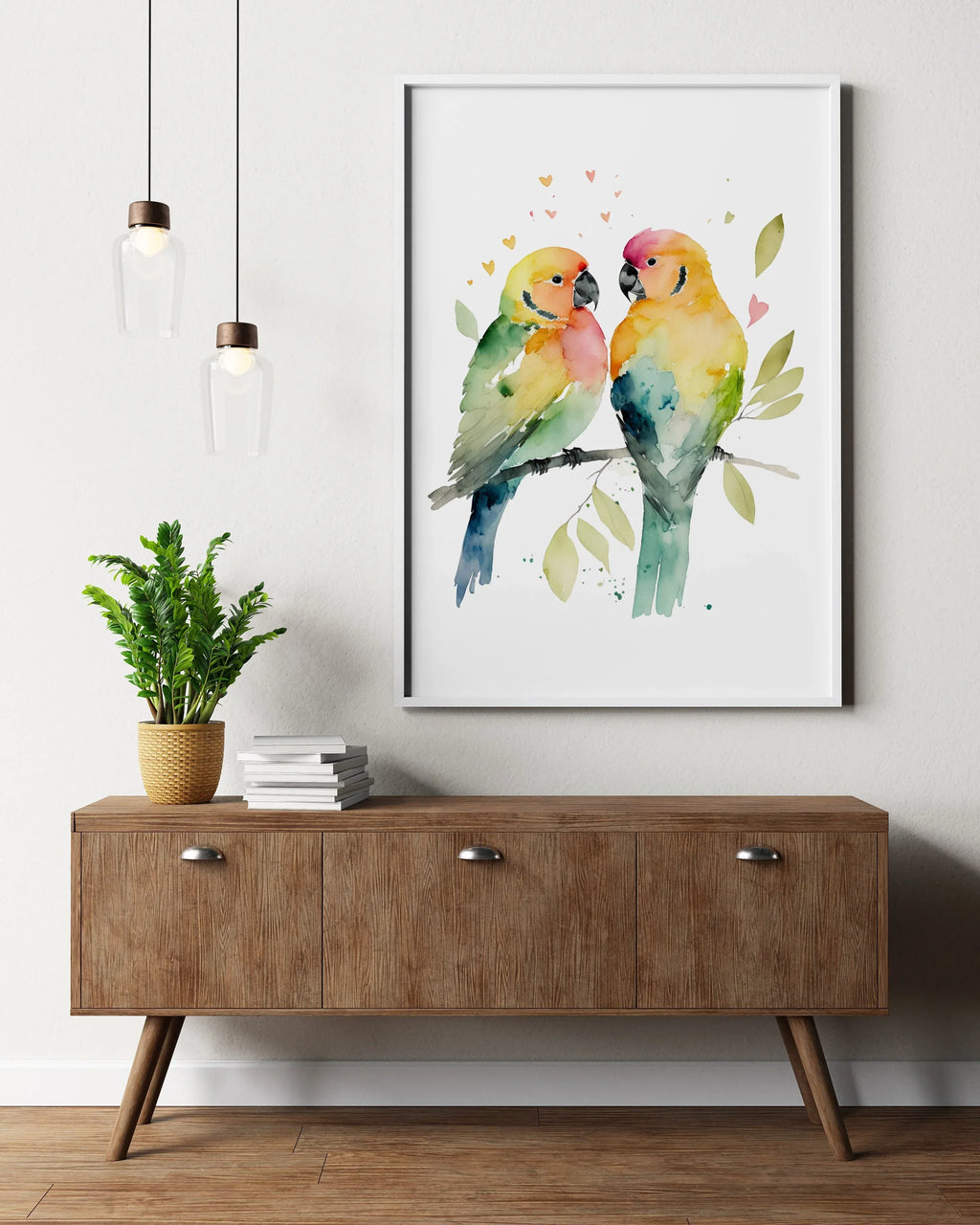 Parrot lovebirds watercolor handpainted wall art with vibrant green and yellow tropical birds