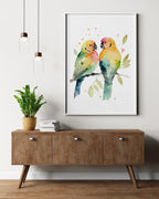 Parrot lovebirds watercolor handpainted wall art with vibrant green and yellow tropical birds