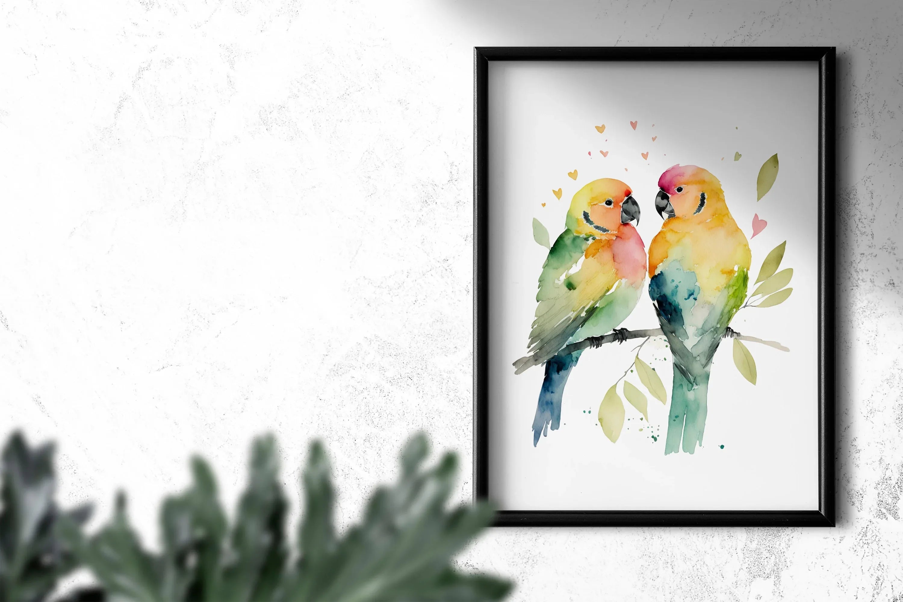 Parrot lovebirds watercolor handpainted wall art with vibrant green and yellow tropical birds
