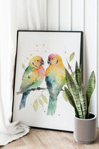 Parrot lovebirds watercolor handpainted wall art with vibrant green and yellow tropical birds