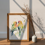 Parrot lovebirds watercolor handpainted wall art with vibrant green and yellow tropical birds