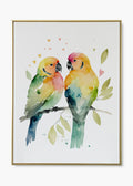 Parrot lovebirds watercolor handpainted wall art with vibrant green and yellow tropical birds
