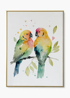Parrot lovebirds watercolor handpainted wall art with vibrant green and yellow tropical birds