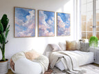 Pastel cloud triptych wall art set of 3 with dreamy blue sky and soft white clouds
