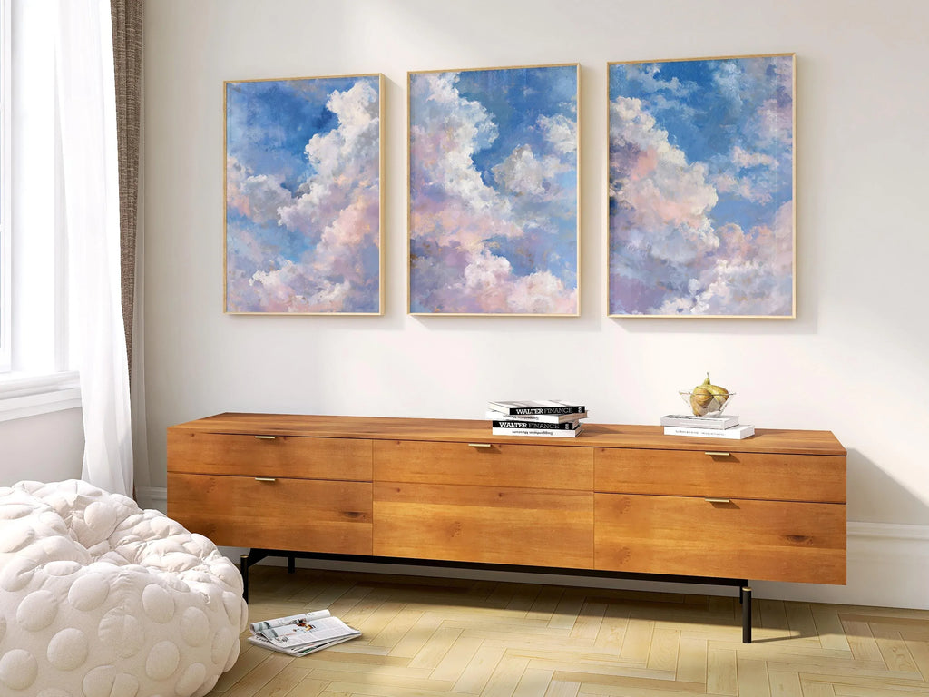 Pastel cloud triptych wall art set of 3 with dreamy blue sky and soft white clouds