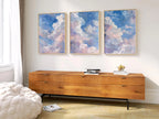 Pastel cloud triptych wall art set of 3 with dreamy blue sky and soft white clouds