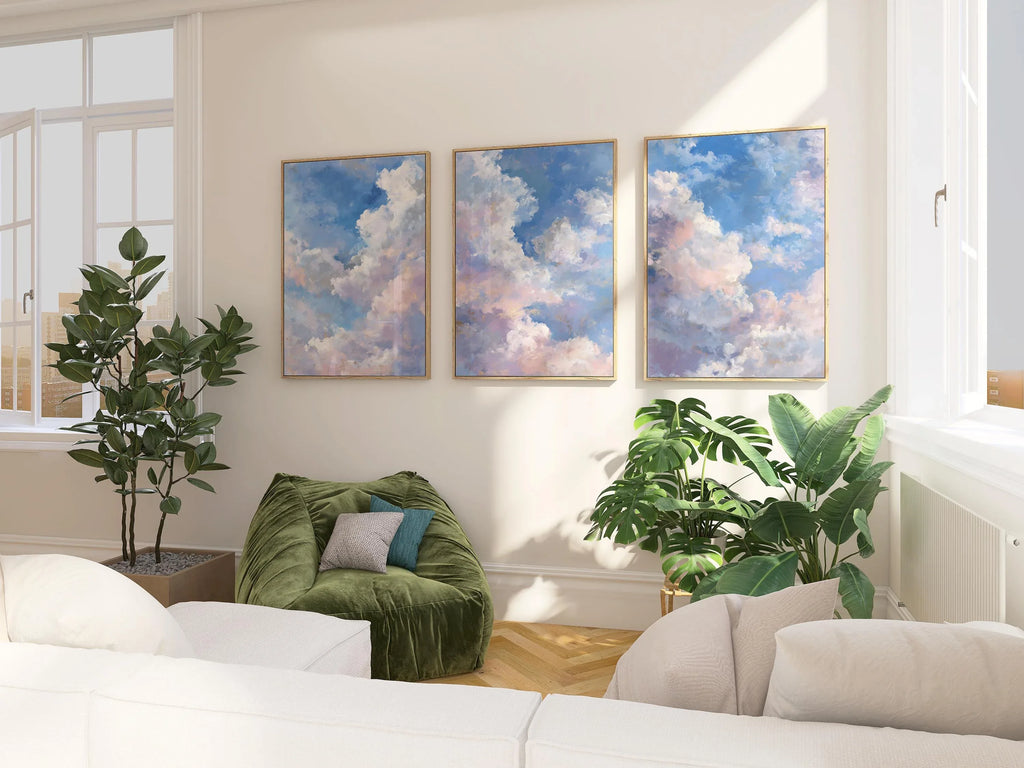 Pastel cloud triptych wall art set of 3 with dreamy blue sky and soft white clouds