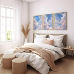 Pastel cloud triptych wall art set of 3 with dreamy blue sky and soft white clouds