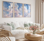 Pastel cloud triptych wall art set of 3 with dreamy blue sky and soft white clouds
