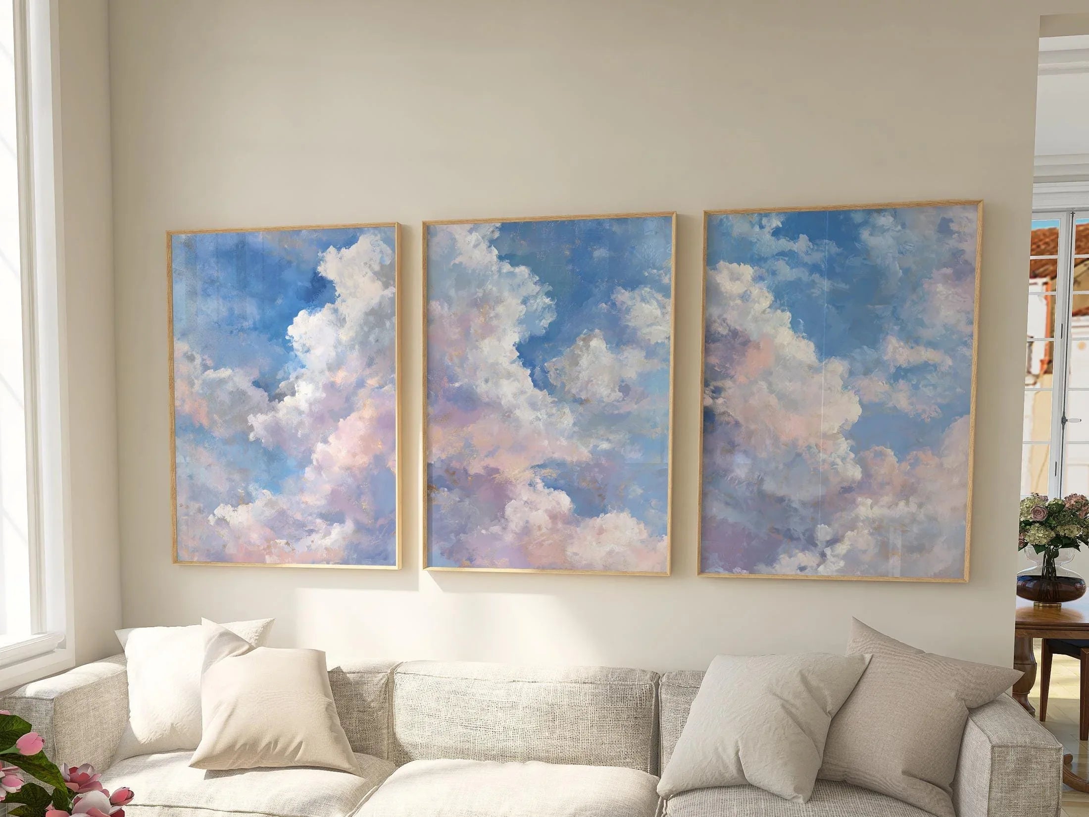 Pastel cloud triptych wall art set of 3 with dreamy blue sky and soft white clouds