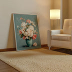 Pastel floral vase wall art with soft pink and white bouquet in turquoise vase still life