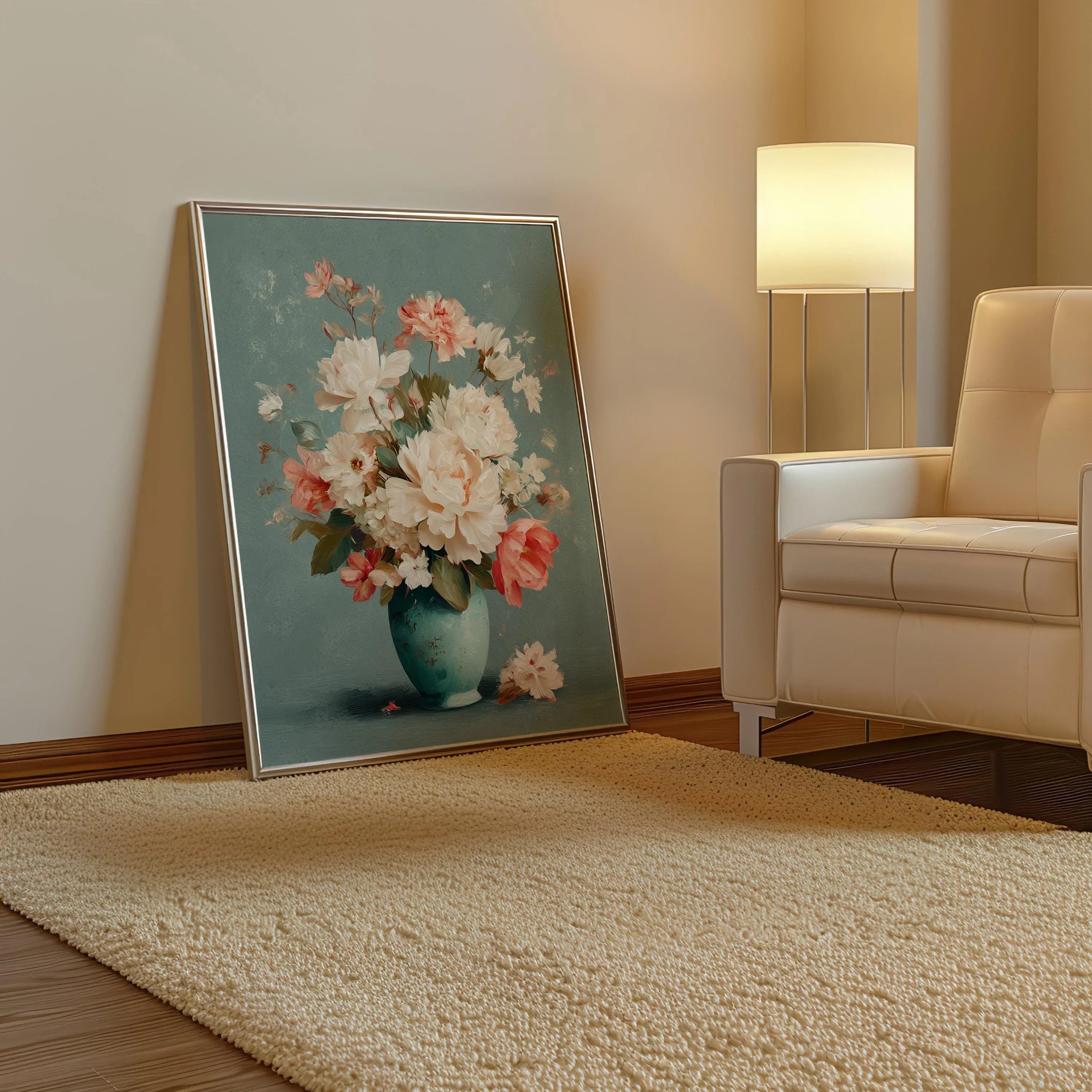 Pastel floral vase wall art with soft pink and white bouquet in turquoise vase still life