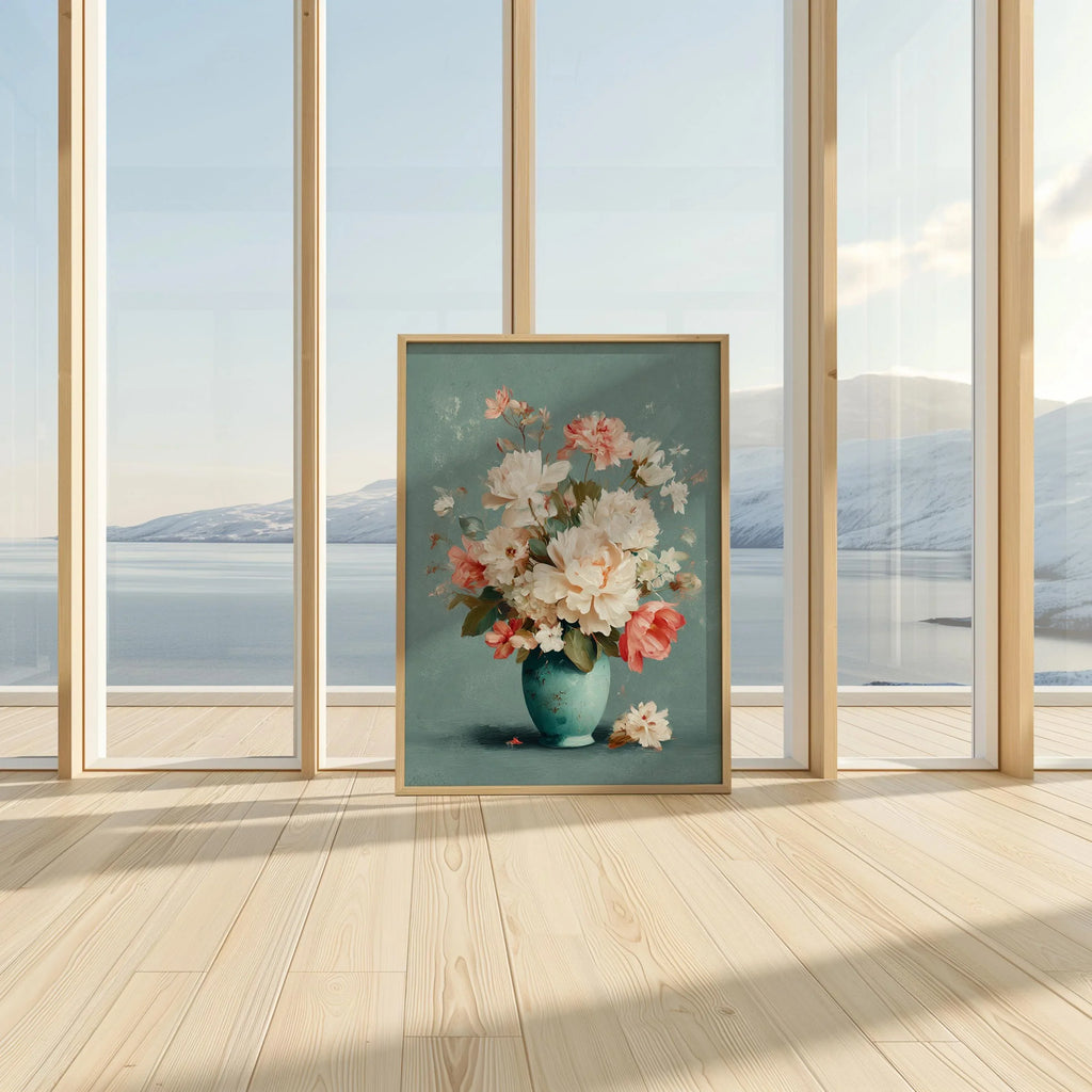 Pastel floral vase wall art with soft pink and white bouquet in turquoise vase still life