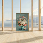 Pastel floral vase wall art with soft pink and white bouquet in turquoise vase still life