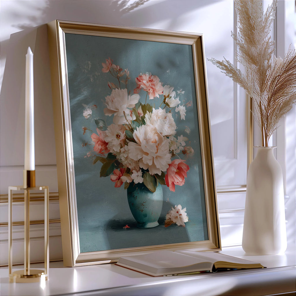 Pastel floral vase wall art with soft pink and white bouquet in turquoise vase still life