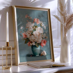 Pastel floral vase wall art with soft pink and white bouquet in turquoise vase still life