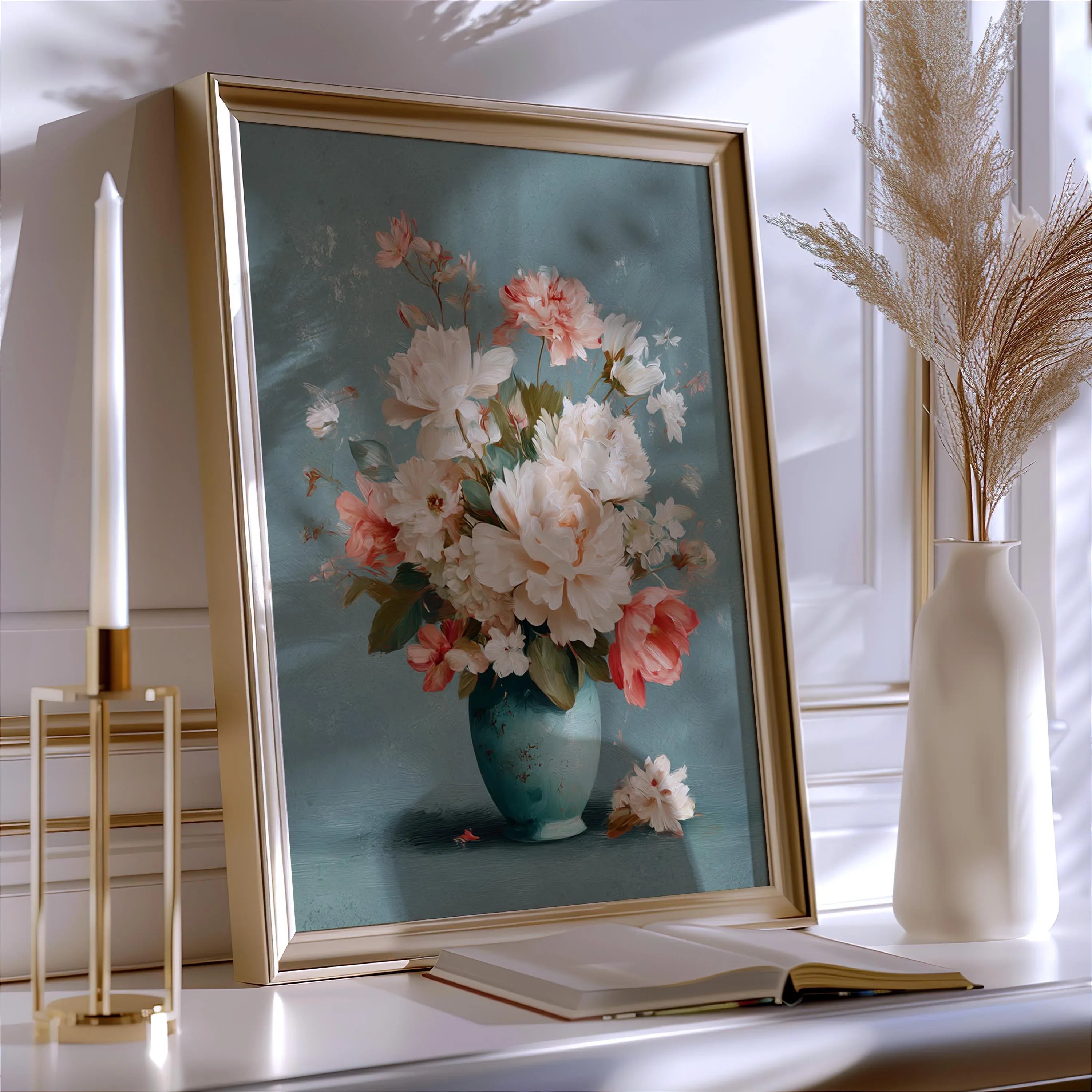 Pastel floral vase wall art with soft pink and white bouquet in turquoise vase still life