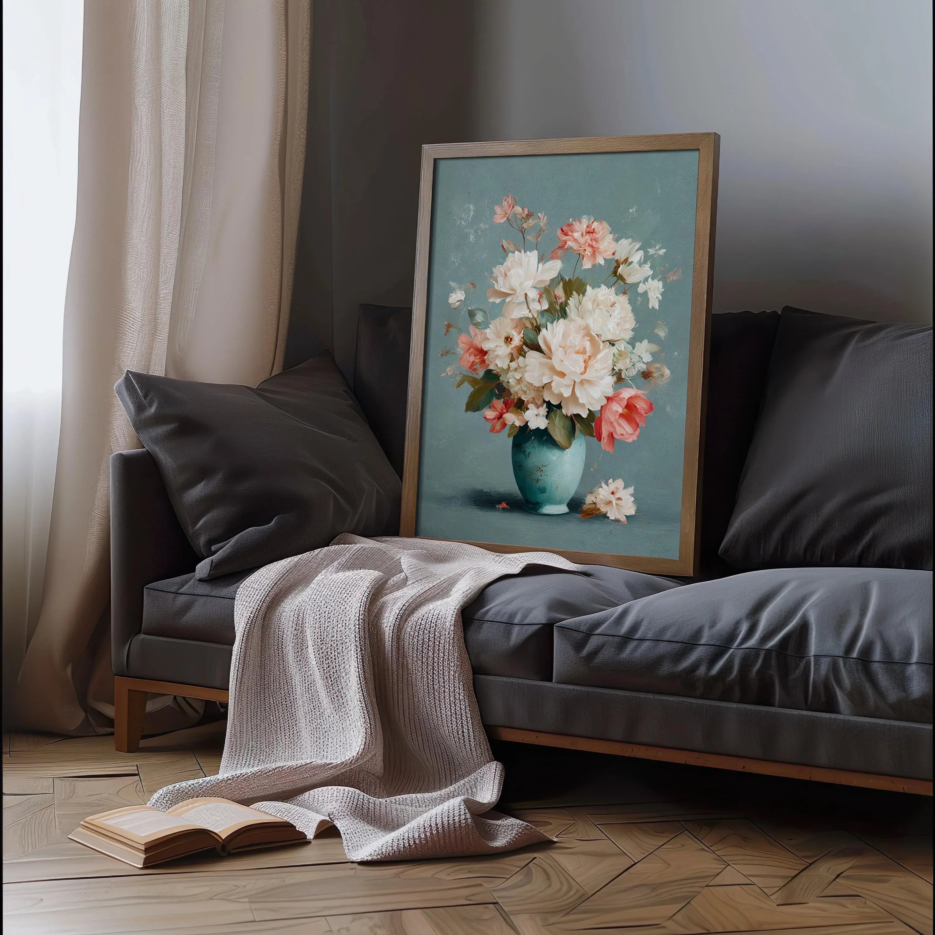 Pastel floral vase wall art with soft pink and white bouquet in turquoise vase still life