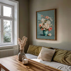Pastel floral vase wall art with soft pink and white bouquet in turquoise vase still life