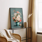 Pastel floral vase wall art with soft pink and white bouquet in turquoise vase still life