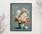 Pastel floral vase wall art with soft pink and white bouquet in turquoise vase still life