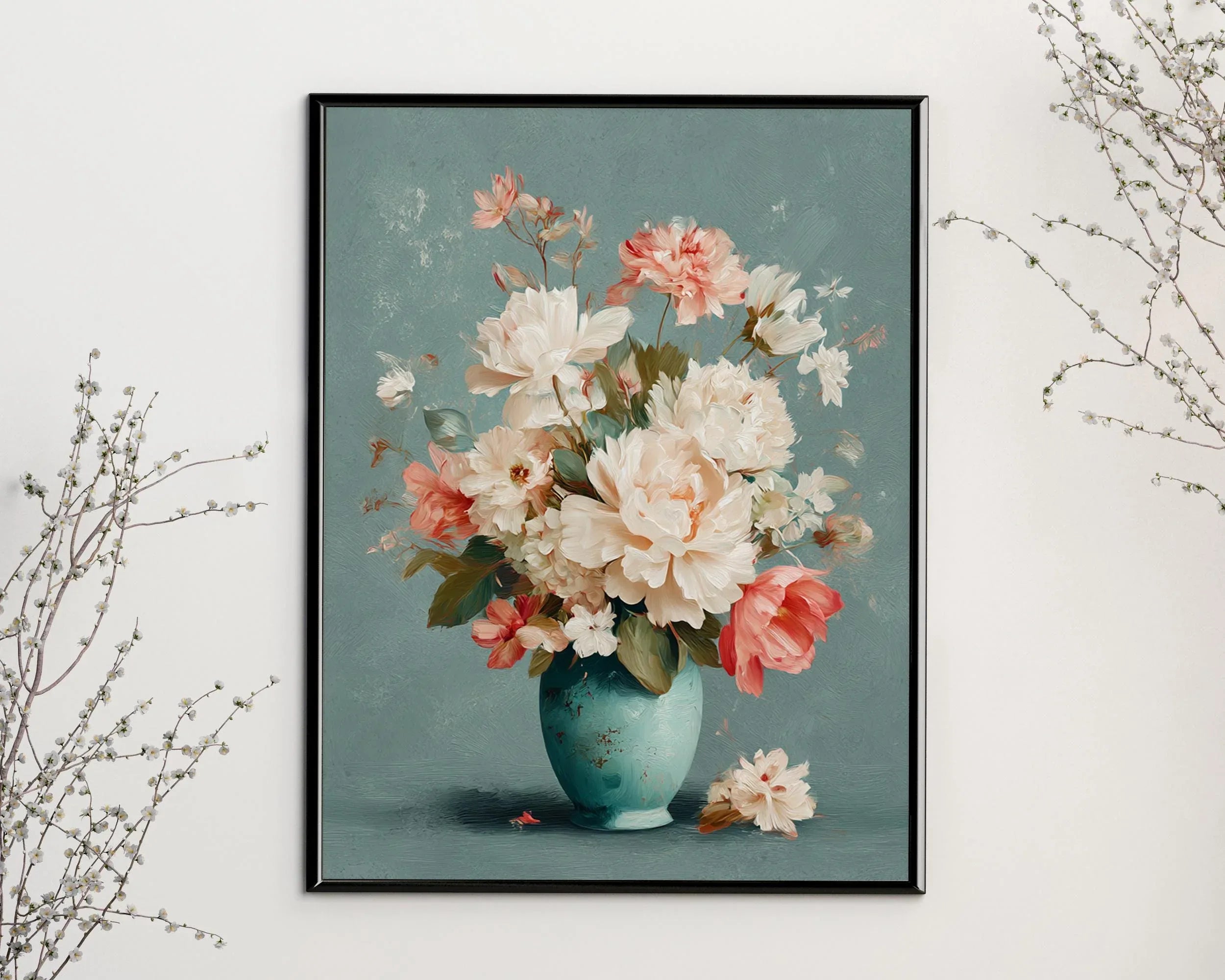 Pastel floral vase wall art with soft pink and white bouquet in turquoise vase still life