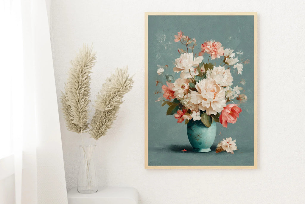 Pastel floral vase wall art with soft pink and white bouquet in turquoise vase still life