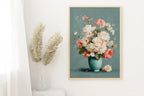 Pastel floral vase wall art with soft pink and white bouquet in turquoise vase still life