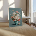 Pastel floral vase wall art with soft pink and white bouquet in turquoise vase still life