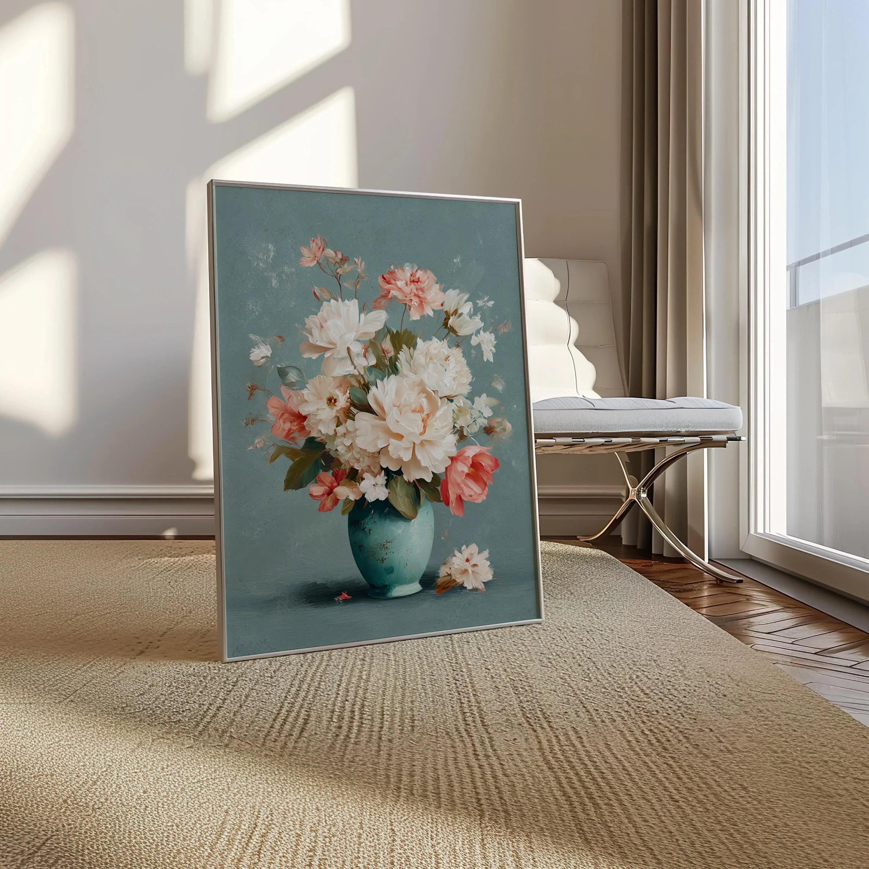 Pastel floral vase wall art with soft pink and white bouquet in turquoise vase still life